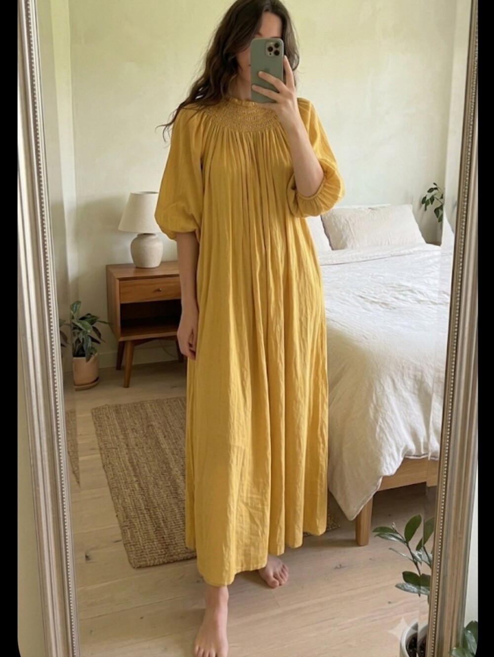 DÔEN Mustard Yellow Smocked Maxi Dress Organic Cotton XXS Oversized Boho